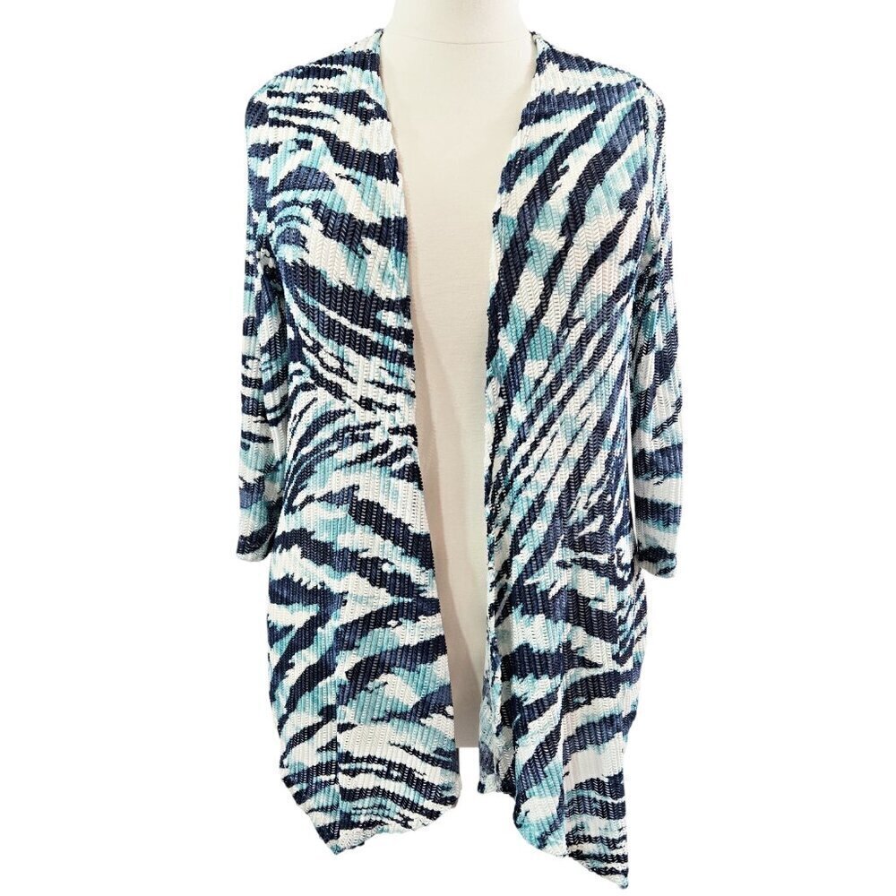 Chico's Easywear Blue White Open Knit Abstract Animal Print Lightweight Cardigan